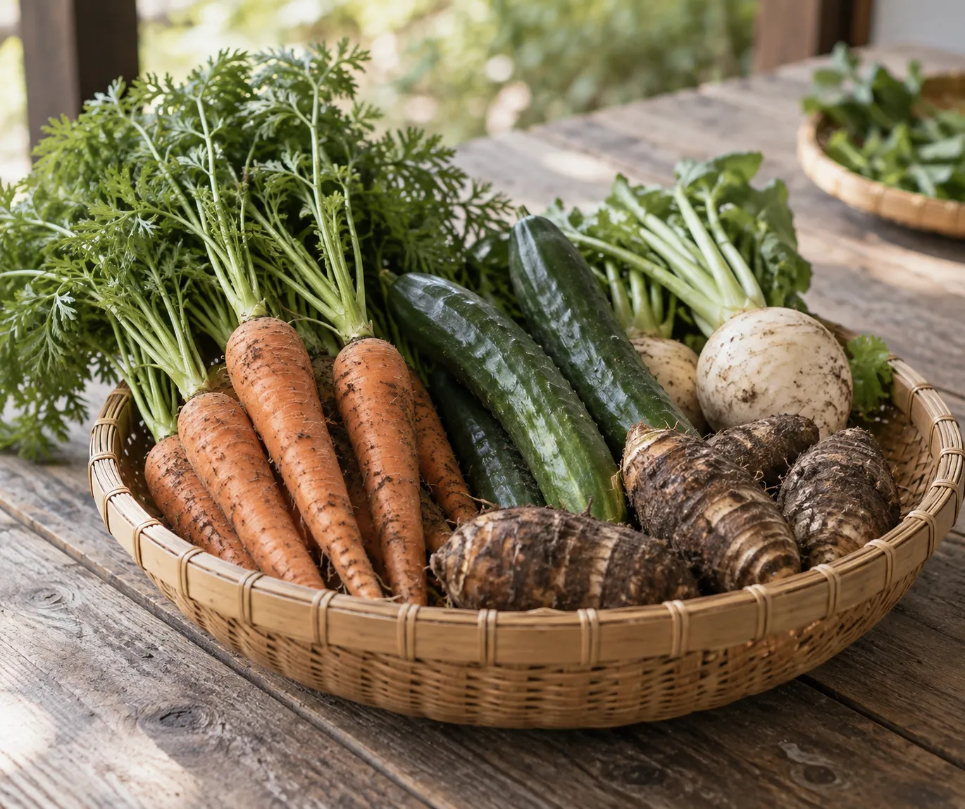 大分で収穫された野菜が入った籠