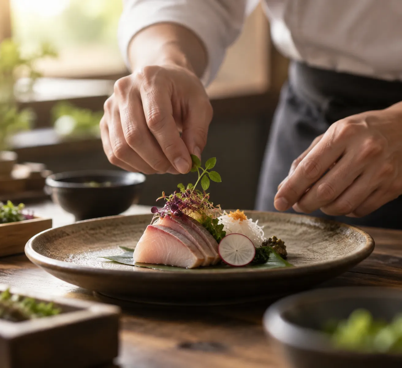 料理を丁寧に盛り付ける料理人の手元