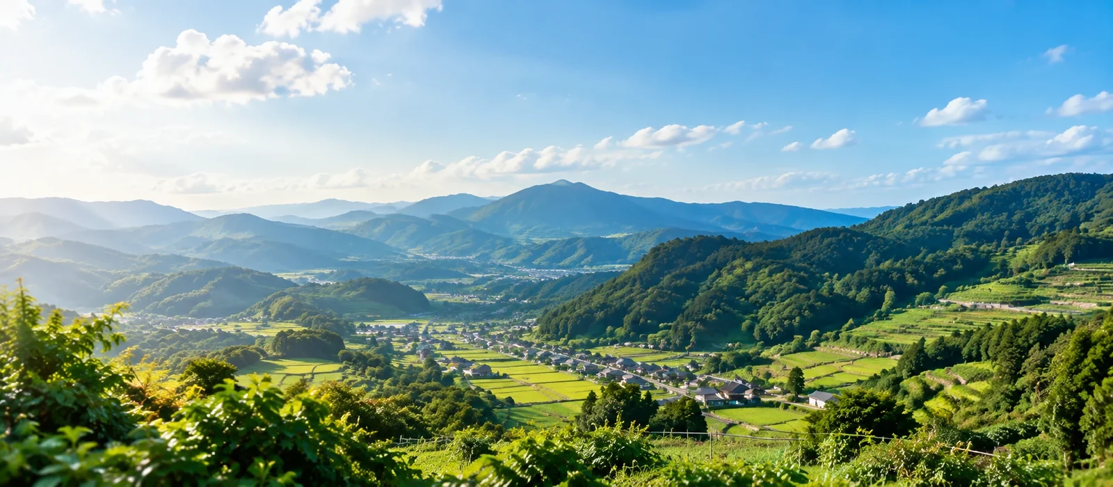 山々と棚田、集落が広がる大分の風景