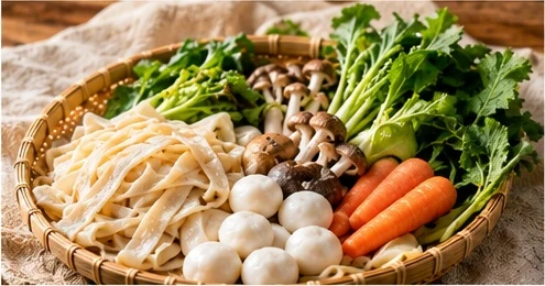 やせうま、だんご、にんじん、葉物野菜、きのこなどの材料